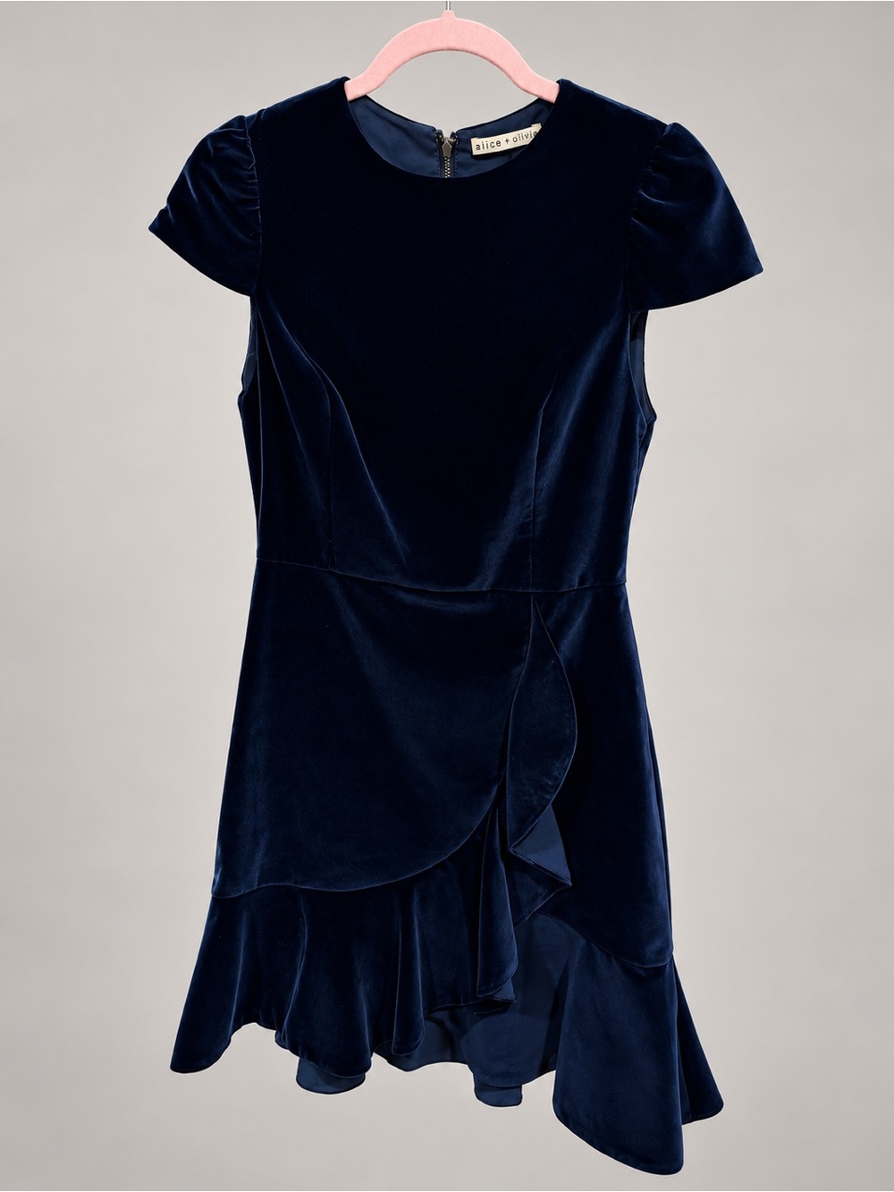 Alice + Olivia Navy Velvet Ruffle Asymmetric Mini Dress Size 2